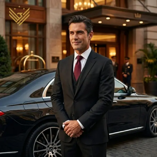 A professional chauffeur in a black suit and maroon tie standing by a luxury sedan at a high-end Jacksonville hotel entrance, ready for an hourly limo booking.