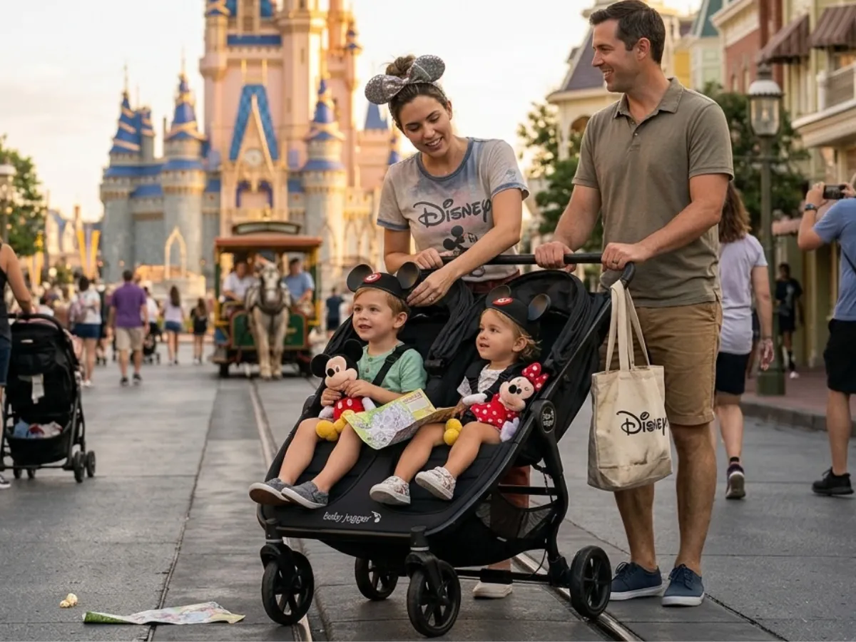 Family with a double stroller at Universal Orlando
