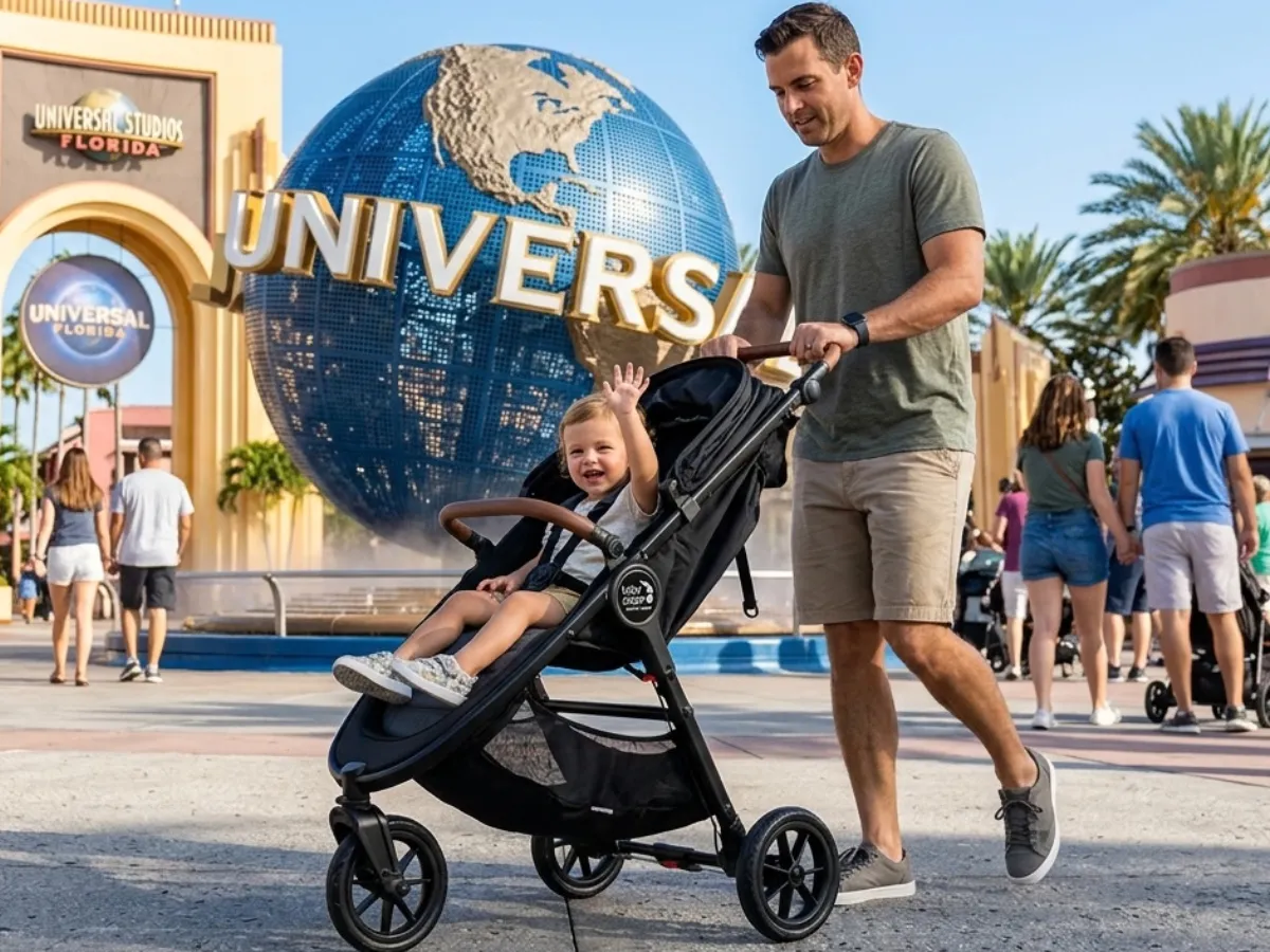 Parent pushing a rental stroller near Walt Disney World resort
