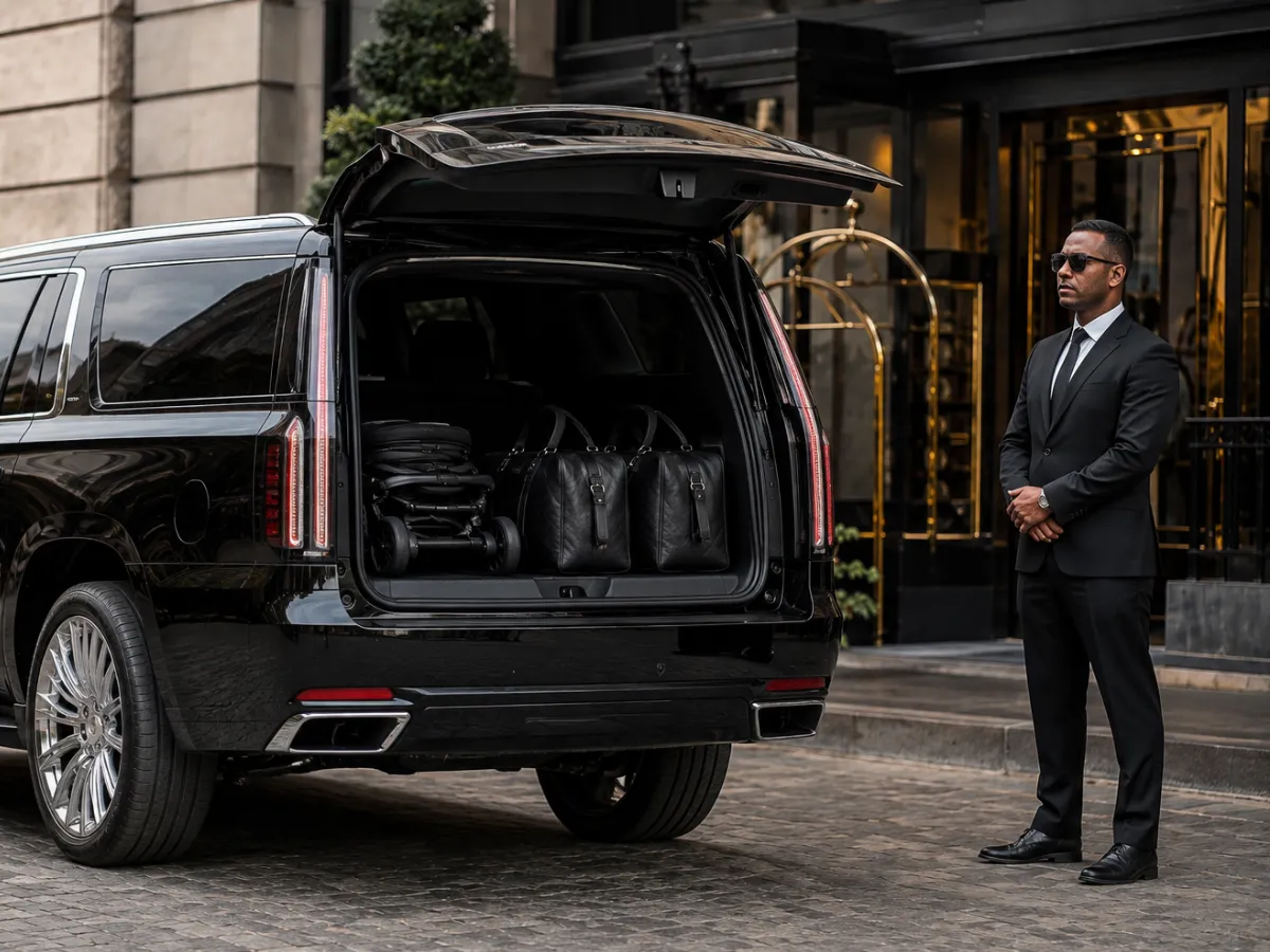 Orlando LUX SUV with a folded stroller and luggage ready for pickup