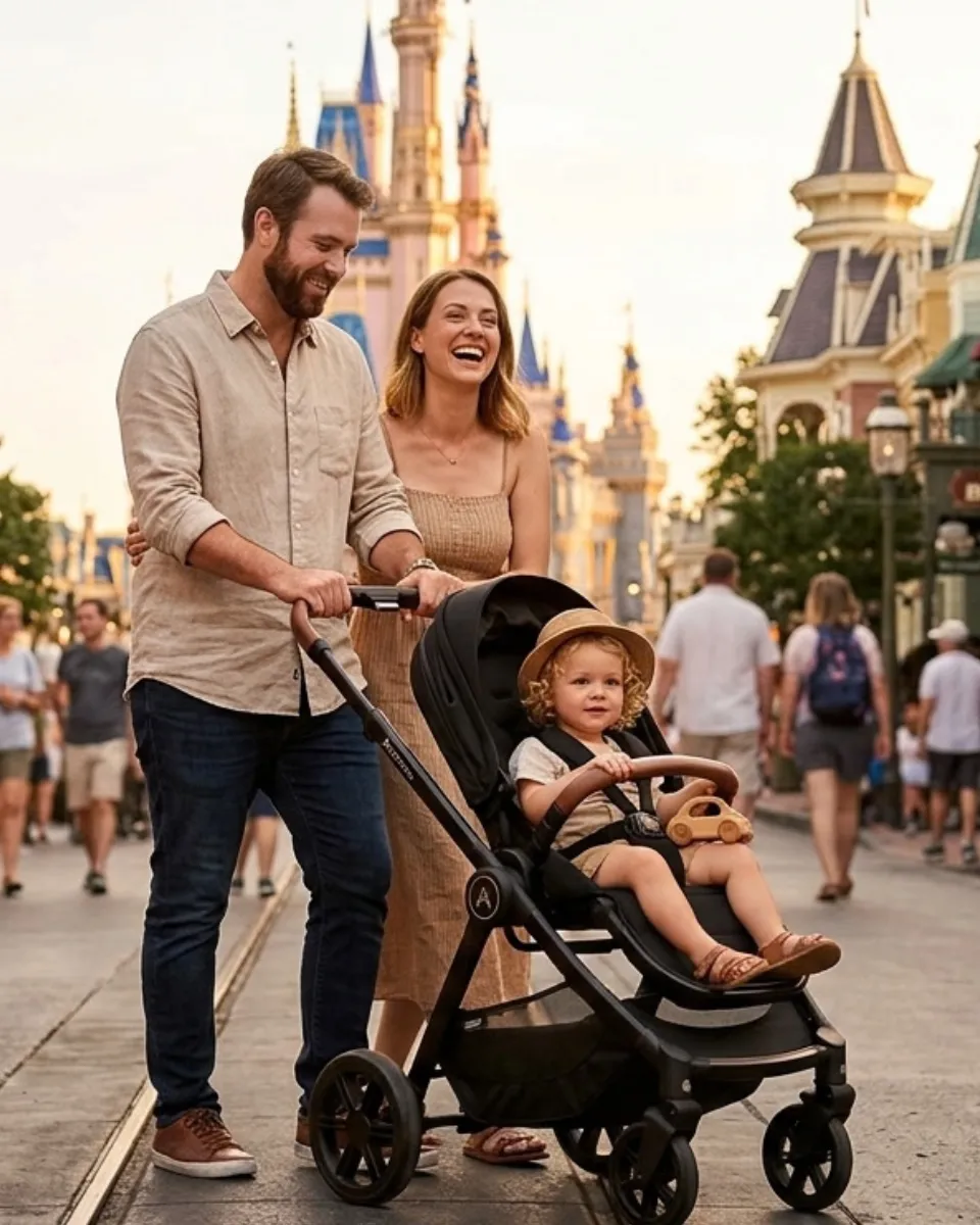 Family pushing a rental stroller at an Orlando theme park